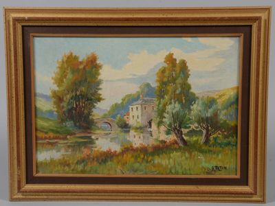 une peinture à l'huile représentant une maison au bord d'une rivière, avec un pont