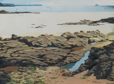 un tableau représentant une plage avec des rochers et un plan d'eau