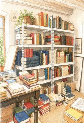 un dessin représentant une pièce avec de nombreux livres sur les étagères