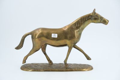 bronze figurine of a running horse on a white background