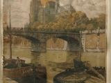 a picture of a painting of a bridge over a river