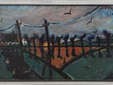 an image of a painting of a fence with birds flying in the sky