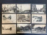 several black and white photos of old postcards of people and buildings