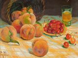 a painting of a basket of peaches and cherries on a table