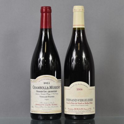 two bottles of red wine sit on a table next to each other