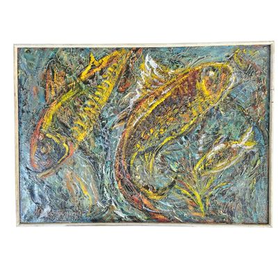 peinture abstraite représentant deux poissons nageant dans un étang