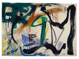 une peinture abstraite aux couleurs noir, vert, jaune et rouge