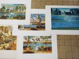 several paintings of different animals are displayed on a tile floor