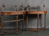 pair of antique wooden side tables with carved top and turned legs