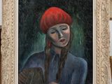 painting of a woman with a red hat on a easel