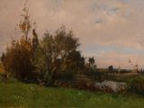 peinture d'un paysage avec une rivière et des arbres au premier plan