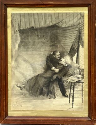 an old picture of a man and a woman sitting on a chair