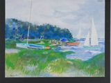 a painting of boats on the water near the shore