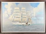an oil painting of a sailboat in the ocean with clouds in the background