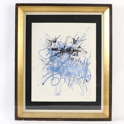 une image représentant un dessin bleu et blanc dans un cadre doré