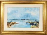 an oil painting of boats in a body of water with a sky background