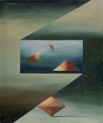 une image représentant un tableau avec trois pyramides dans une pièce