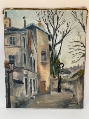 une peinture à l'huile représentant une scène de rue avec des bâtiments et un arbre