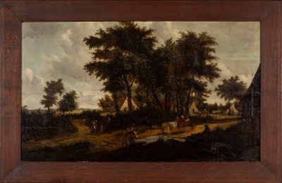 an oil painting of a farm scene with cattle and trees