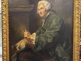 a painting of a man in a green coat sitting on a chair