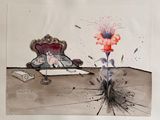 un dessin représentant une chaise et une fleur posées sur une table