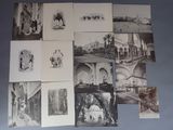 several black and white photographs of people and buildings on a blue surface