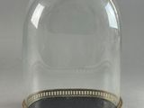 a glass clochet with a gold base on a white surface