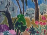 une image représentant un tableau représentant un jardin avec des palmiers et des fleurs