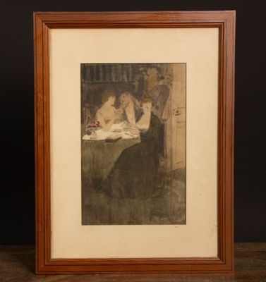 une vieille photo représentant une femme assise à une table avec deux enfants