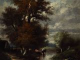 a painting of a river scene with cattle and trees in the foreground
