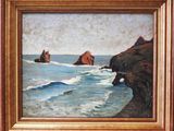an oil painting of a rocky coast with a couple of rocks in the water