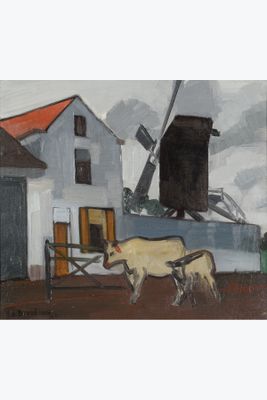 an image of a painting of a cow in front of a barn