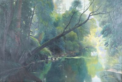 un tableau représentant une rivière au milieu d'une forêt