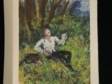 a painting of a man sitting in the grass with a dog