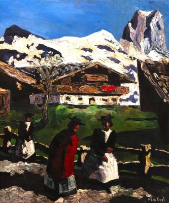 une peinture à l'huile représentant un groupe de personnes debout devant une montagne