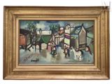 tableau représentant une calèche tirée par des chevaux, avec un homme et une femme à bord
