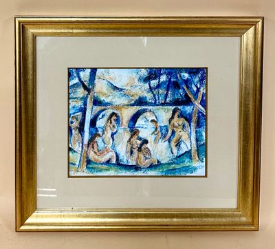 painting of a group of people sitting under a tree in a park