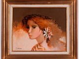 an oil painting of a woman with a flower in her hair