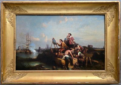 un tableau représentant un groupe de personnes sur un bateau