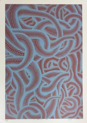 an image of a blue and red painting with circles on it