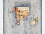 une peinture abstraite représentant des touches de bleu et d'orange sur un fond blanc