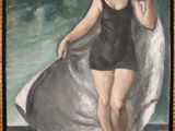 an oil painting of a woman in a bathing suit holding a towel