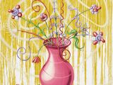 une peinture représentant un vase avec des fleurs sur une table