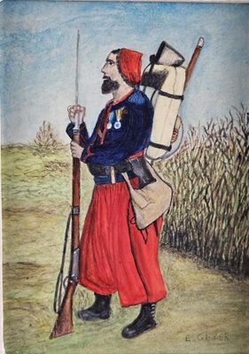 un vieux tableau représentant un homme avec un fusil et un sac à dos