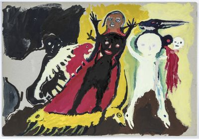 an image of a painting of a man and a woman on a yellow background
