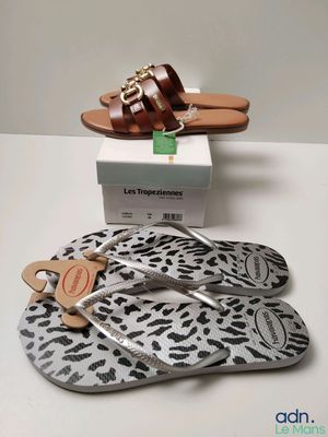a close up of a pair of sandals on a table