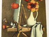 a picture of a painting of flowers in a vase on a easel