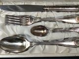 a silver plate with a knife, fork and spoons in it