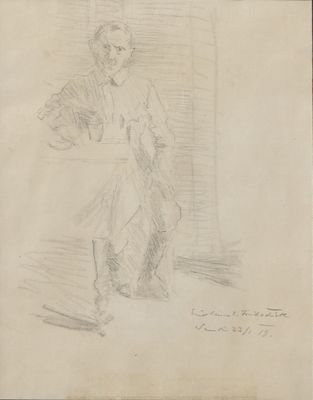 un vieux dessin représentant un homme assis sur une chaise, une canne à la main