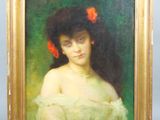 an oil painting of a woman in a green dress with a red flower in her hair